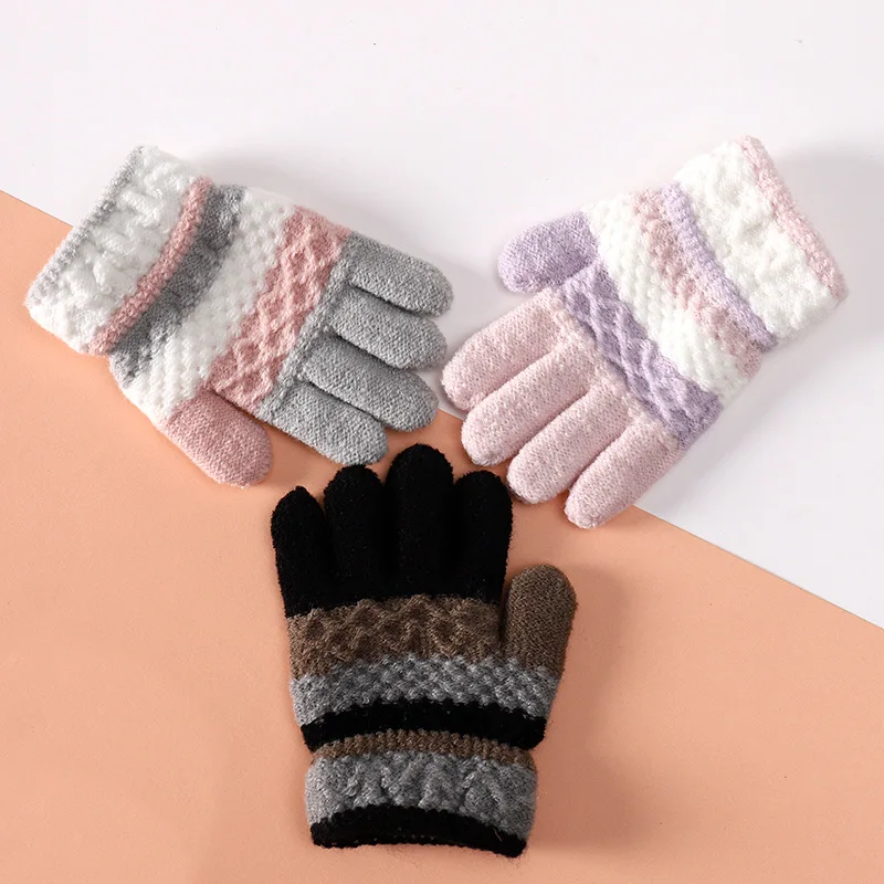 Cute Winter Striped Full Finger Knitted Warm Kids Children Mitten Glove for 3-8 Years Old Boys and Girls