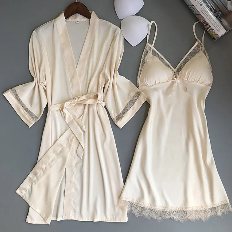 two pieces long sleepwear long dress V-collar sleep dress with gown nightties