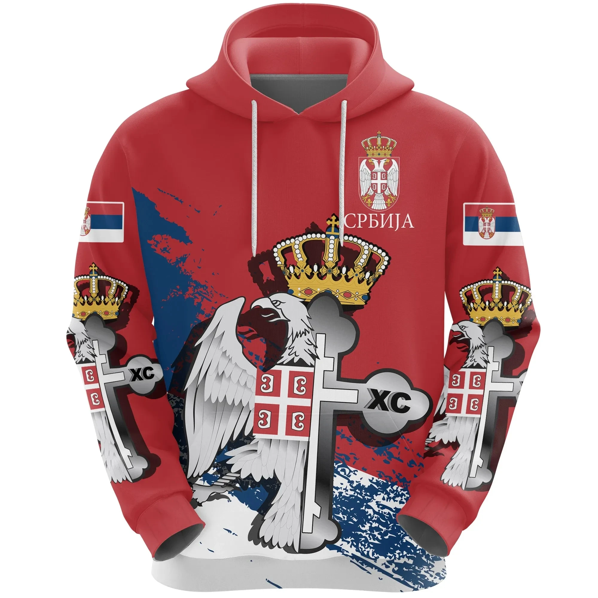Vintage Red Serbia Flag Cross Printed Sublimation Polyester Hoodies For Men Hooded Sweatshirt In Bulk Custom Oversized Hoodie