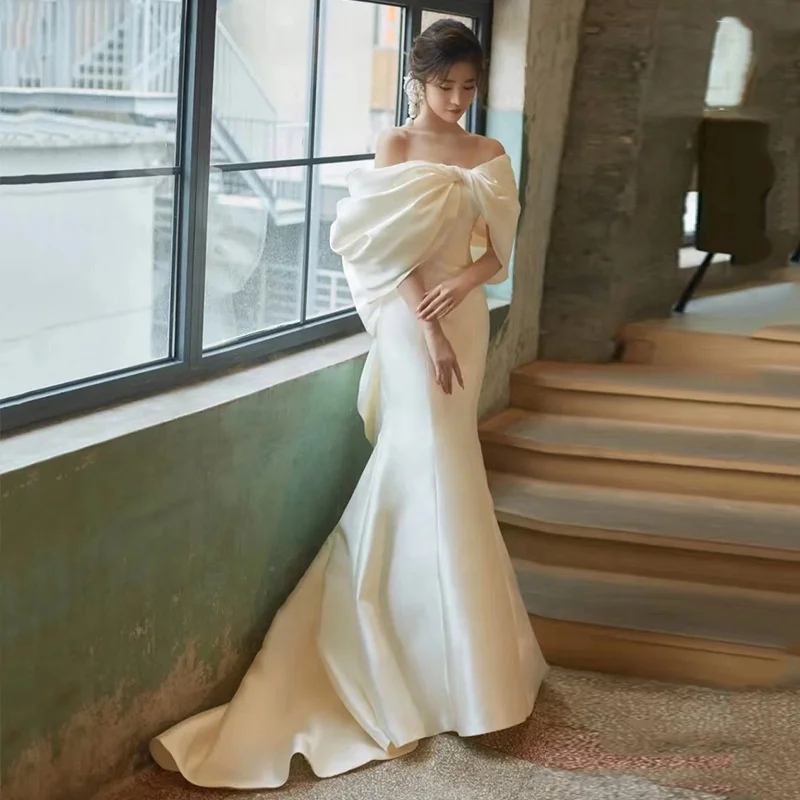 2023 Spring and Summer Bride French Simple Bow Wedding Dress One Shoulder Satin Mermaid Dresses Bohemian Lace-up Wedding Dress