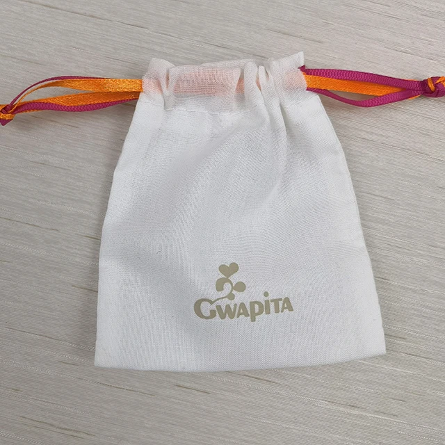 Recyclable Calico Gift Custom Logo Design Small Natural Color Bulk Recycled Jewelry Drawstring Cotton Pouch
