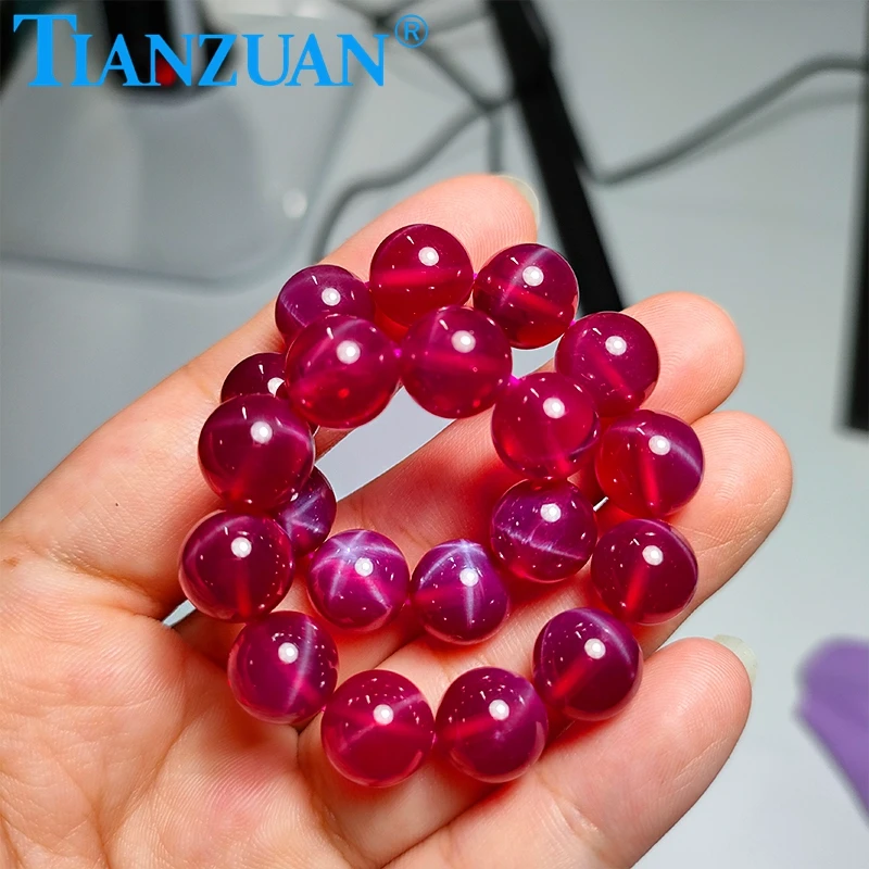 Beads bracelet 10 mm 20-24pcs length 200-240mm Ball shape artificial star sapphire ruby red color crundum gift jewelry