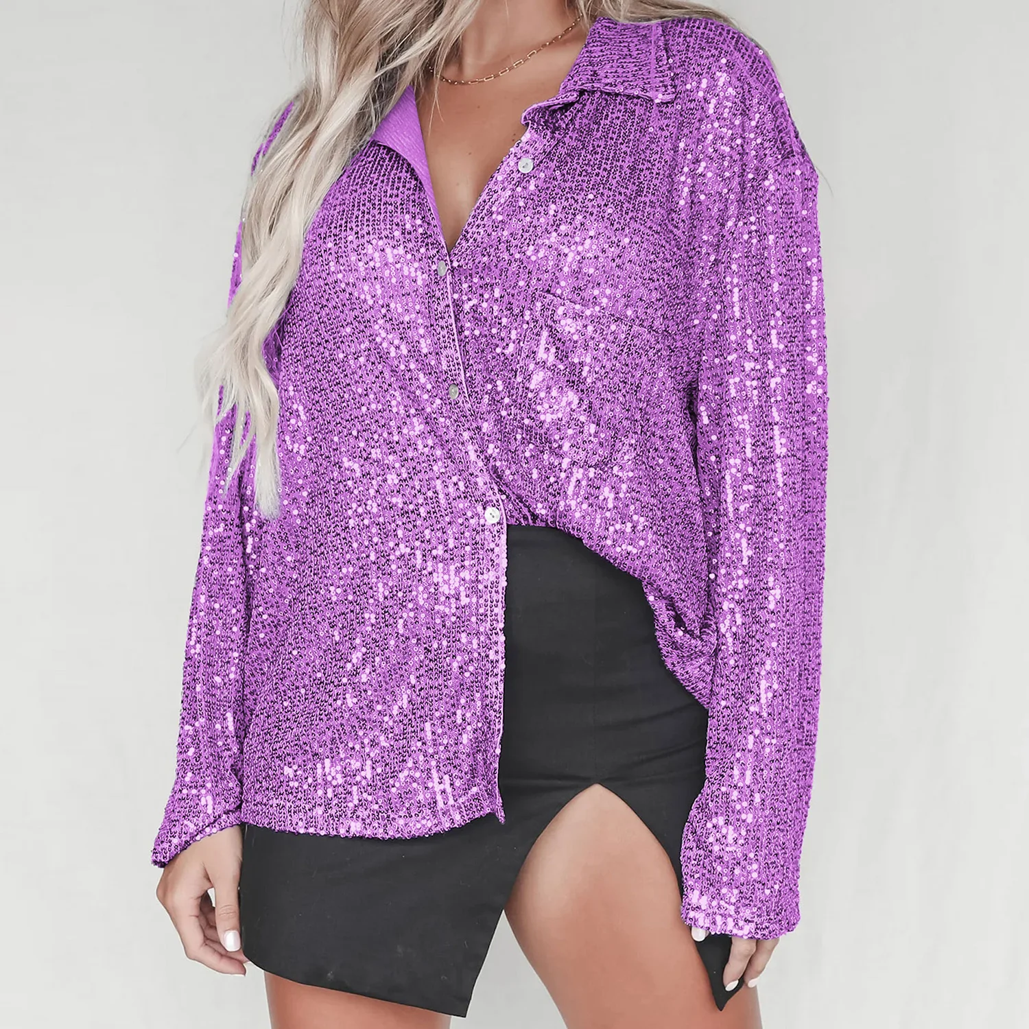 Luxury Button Up Blouse Bling Long Sleeve Sequin Sparkly Top Women Glitter Shirt