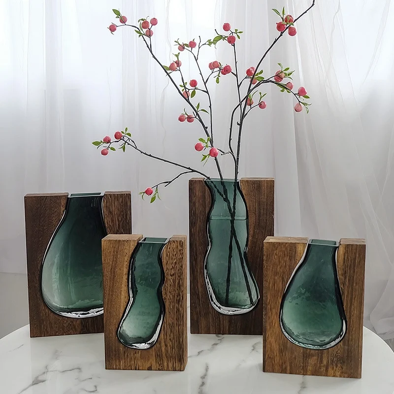 Unique Design Top Grade Square Wooden Frame Rectangle Double Bubble Vintage Florist Handmade Glass Rose Vase