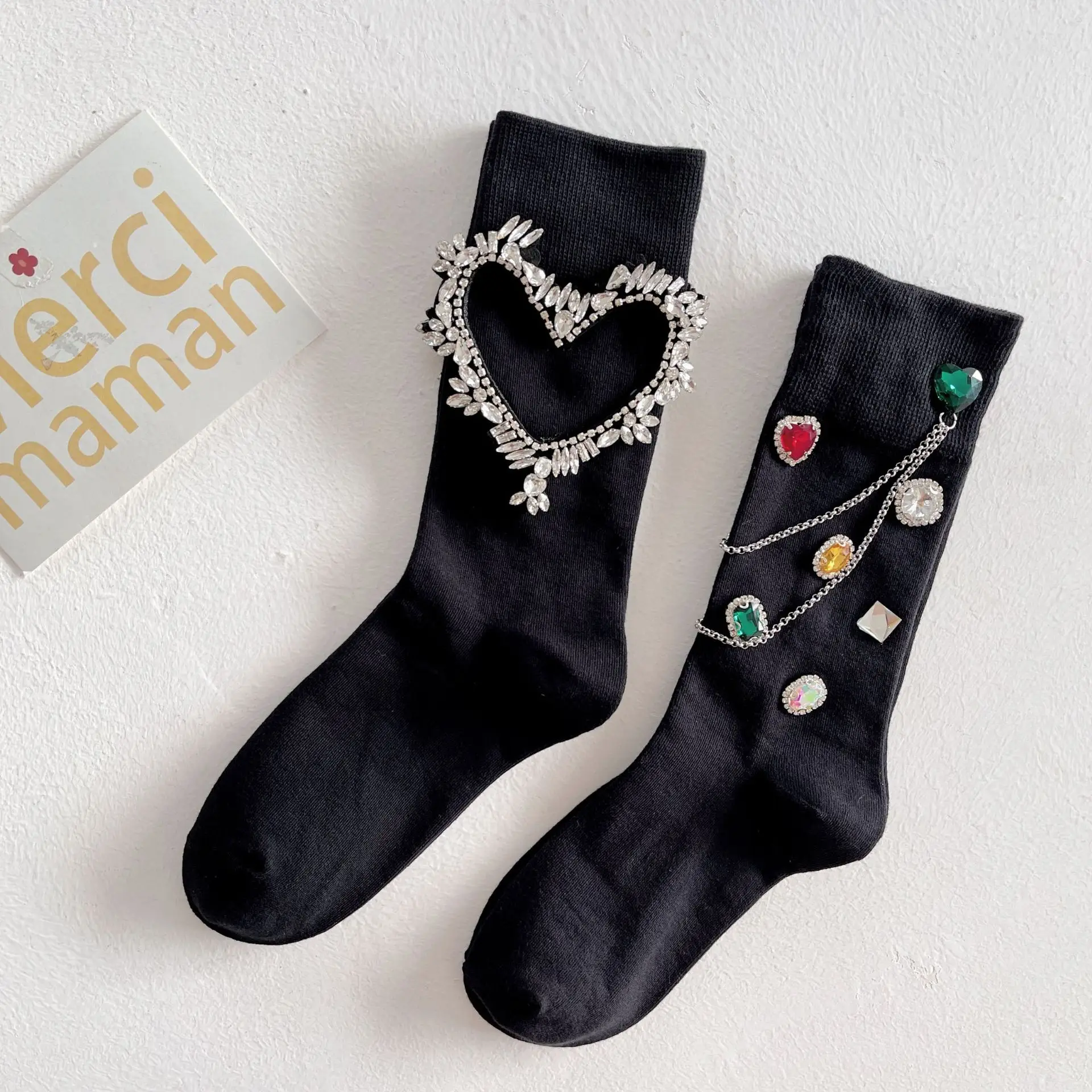 Luxury combed cotton chain diamond socks wholesale price fashion women hollow jewelry heart socks high quality plain black socks