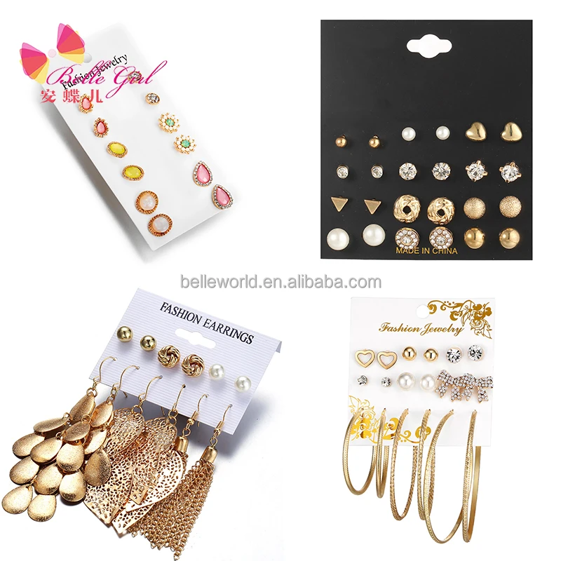 BELLEWORLD 2021 Wholesale Fashion Gold Plated Earrings Pearl Jewelry Stud Heart Cross Earring Tassel Hoop Earrings Set for Women