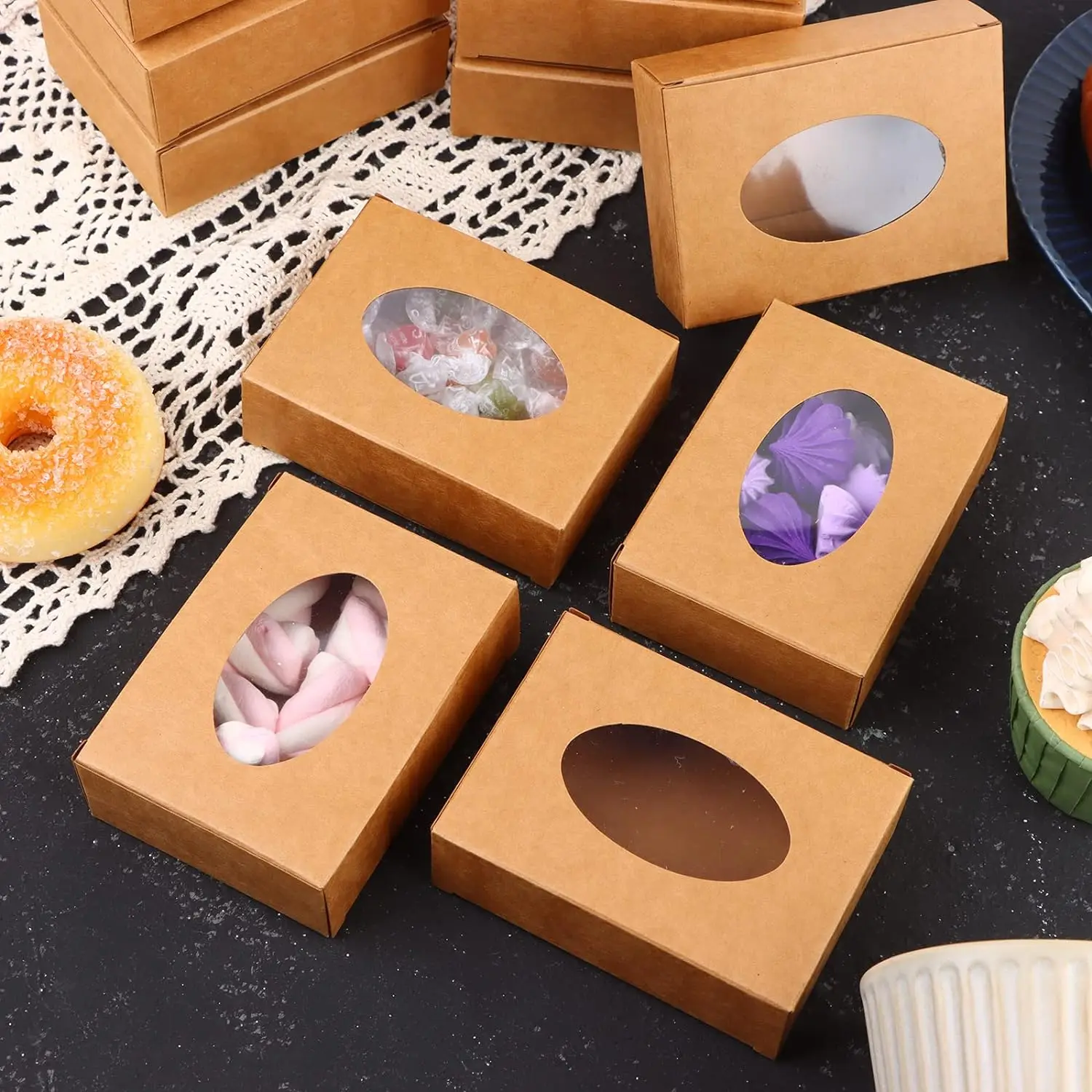 Mini Kraft Paper Packaging Cardboard Present Boxes with Window Round for Homemade Soap Favor Treat Bakery Candy