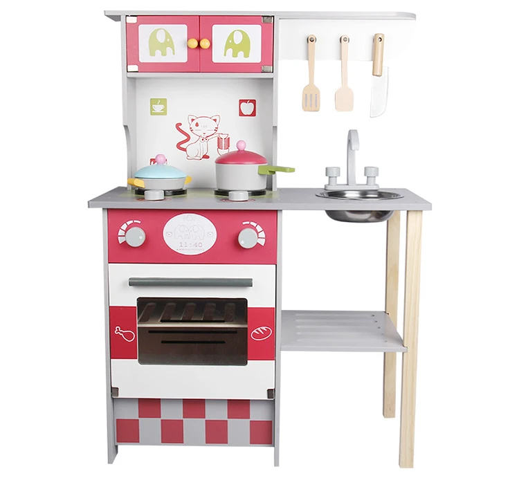 Hot Selling Pretend Play Simulation Kitchen Wooden Home Furniture Toys Wooden Kitchen Toy Set