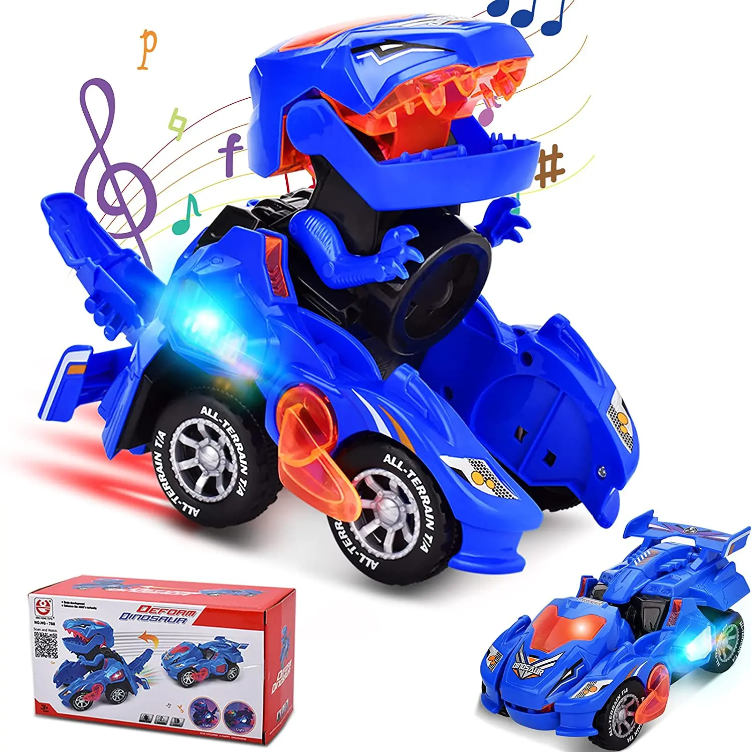 Transforming Dinosaur LED Car with Light and Music, 2 in 1 Automatic Dinosaur Transform Car Toy,Transforming Dinosaur Car Toys