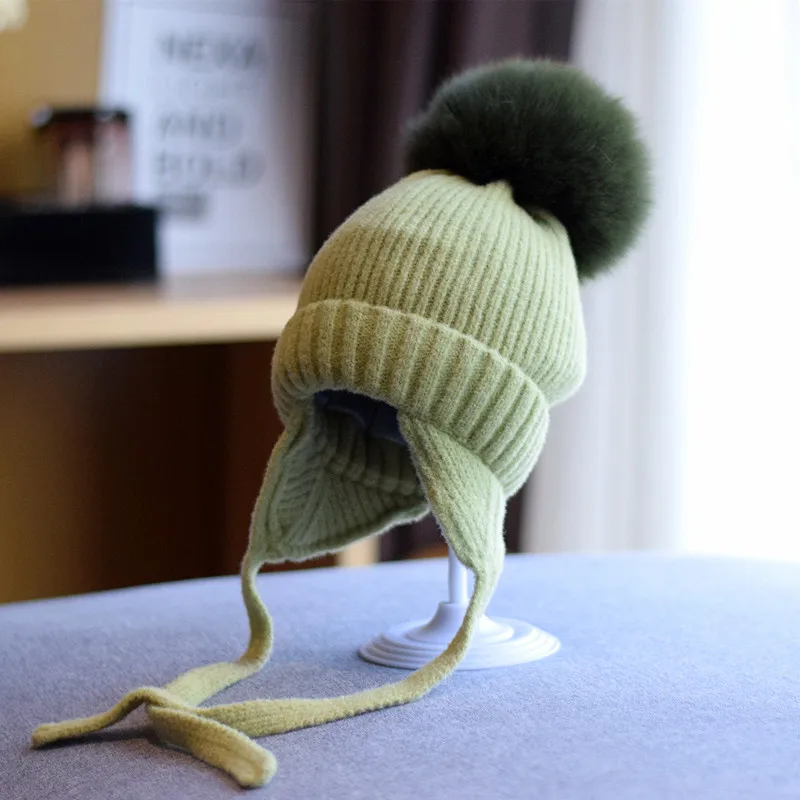 2023 Children Winter Cap New Fashion Wool Windproof Warm EarFlaps Cotton Cute Knitted Cashmere Hat With Pompoms