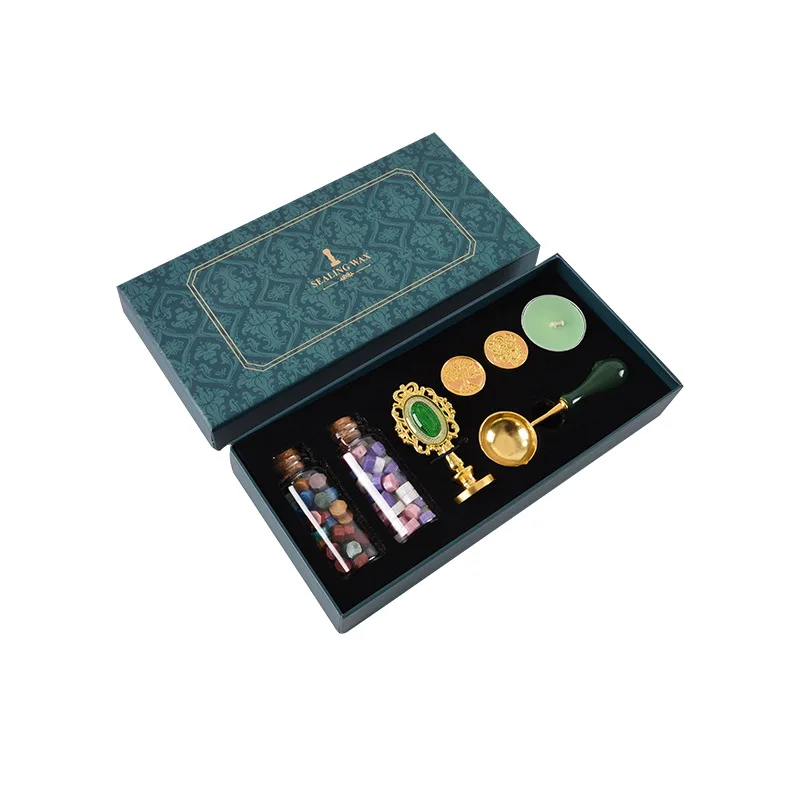Vintage Wax Seal Stamps Box Kit Sealing Wax Beads Spoon Set with Card for Gift