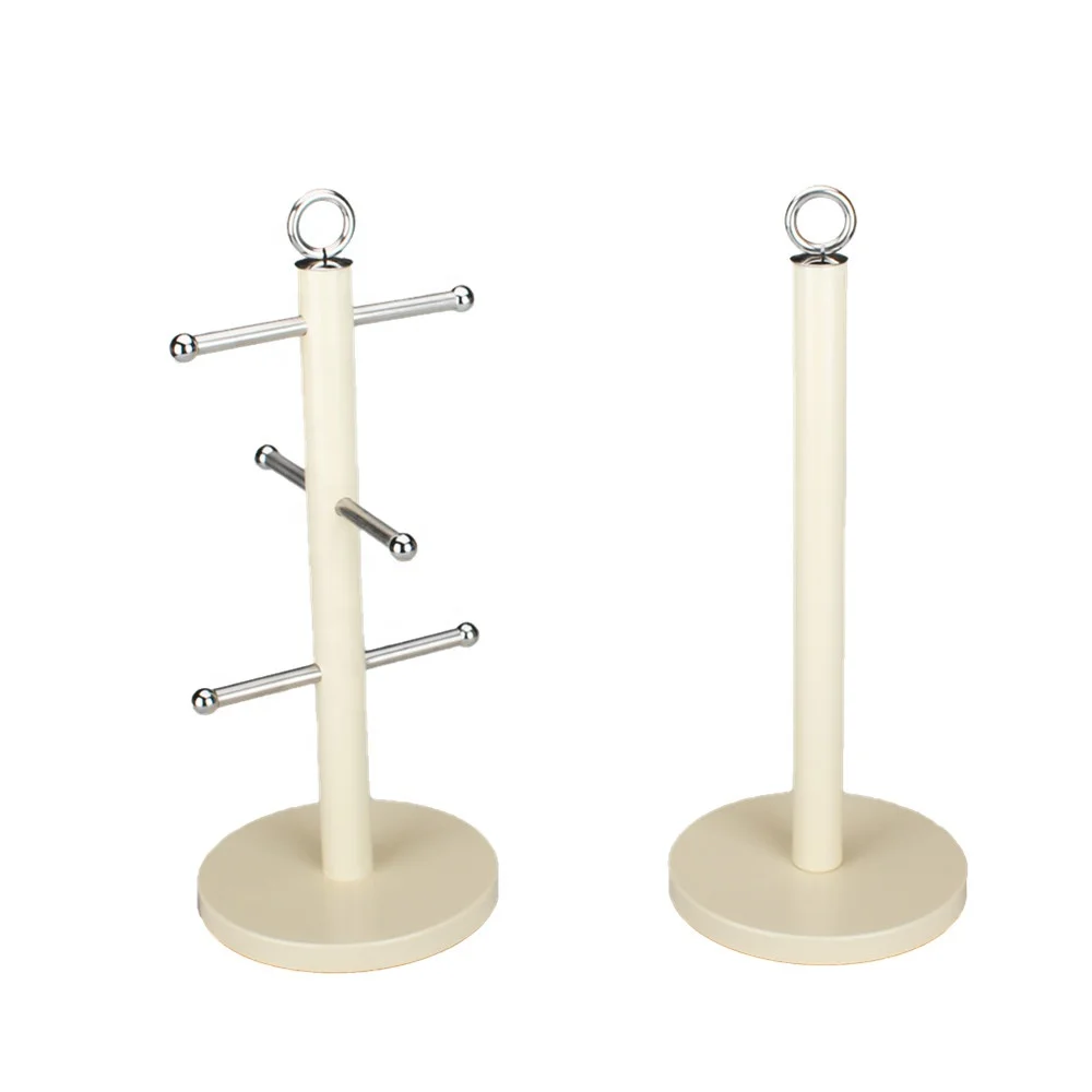 Kitchen Towel Paper Roll Pole Holder Free Standing Bath Rack (Cream, Mug Tree), Stainless Steel 6 Cup Mug Tree Stand