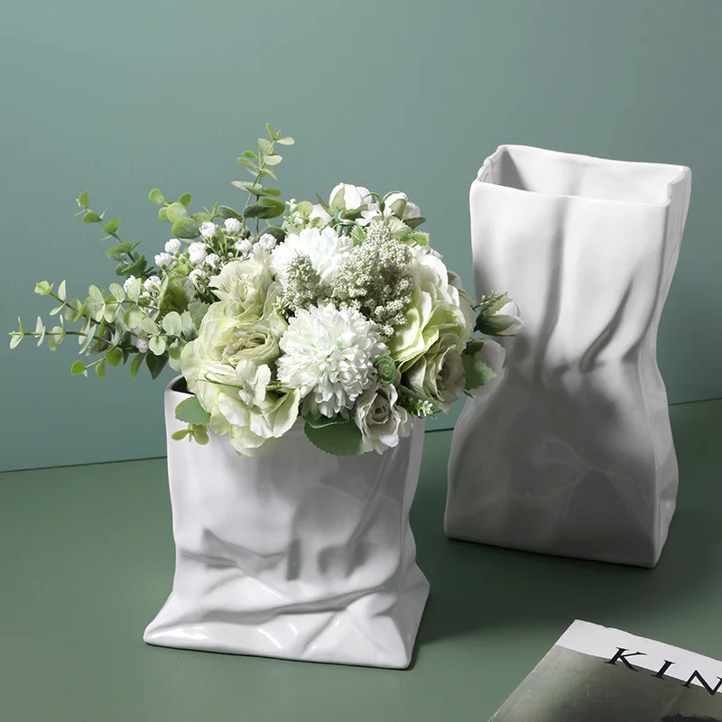 Modern Minimalism White Ceramic Vase Imitating Paper Bag Tabletop Ornament White Vase Ceramic Flower Vase