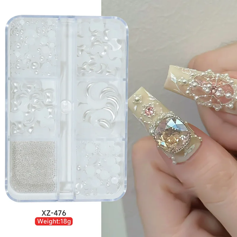 Nail art accessories with a mix of flat-bottomed pearls steel beads moon and bow decorations packaged for 3D nail embellishments