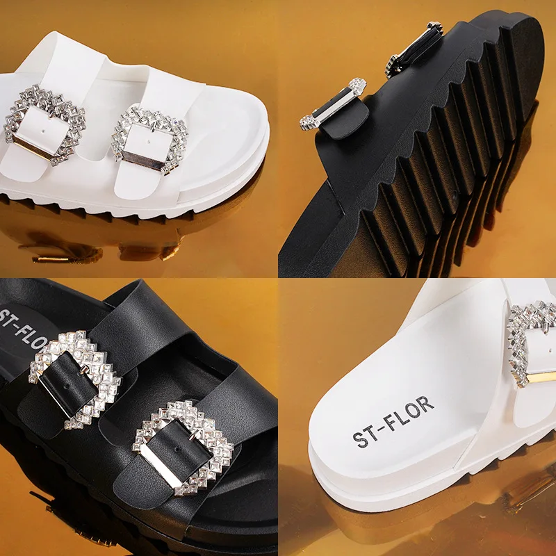 2024 fashion simple rhinestone double buckle non-slip flat slide slippers woman shoes outdoor