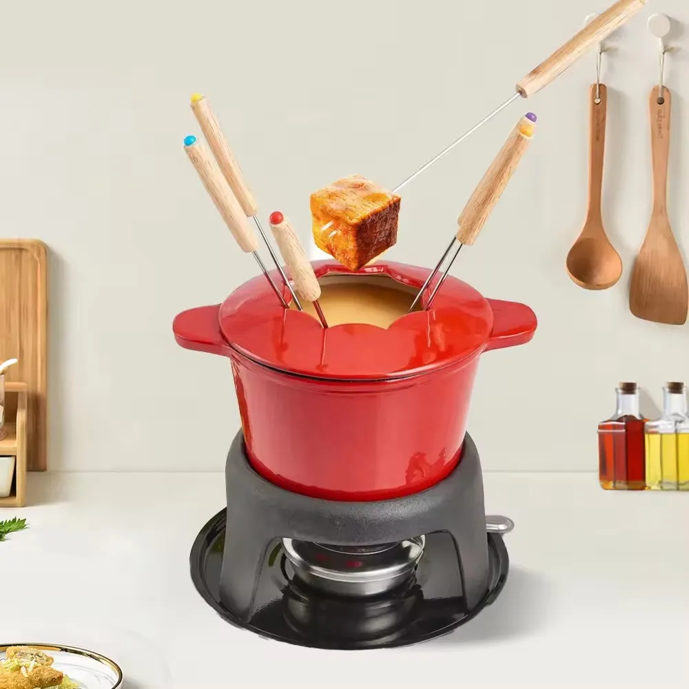 Forks and Chrome Gel Burner Cheese Melting Pot  Enameled Cast Iron Fondue Pot Cookware Chocolate and Cheese Fondue Set