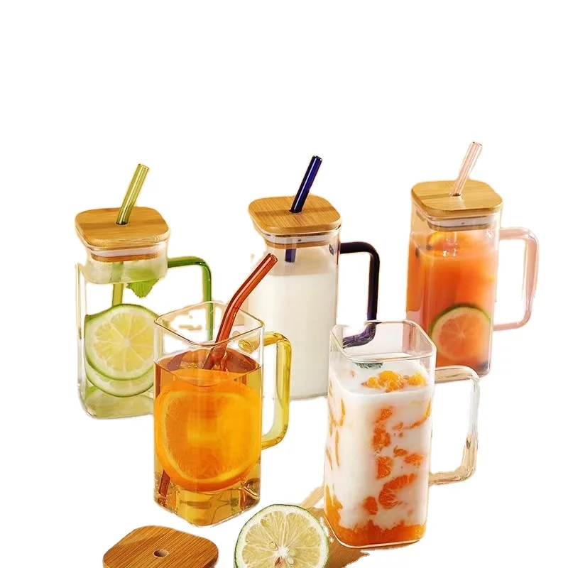 12oz Square Glass Cup with Bamboo Lid and Straw Kitchen Glasses with Color Handles Lids Straws Set of 4 Drinking Glasses