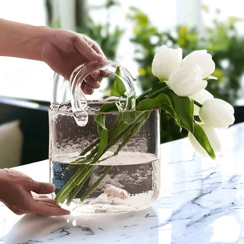 Reusable Modern Creative Bag Carrying Basket Glass Vase Wholesale Houseware Clear Customized Glass Vase For Table Decoration