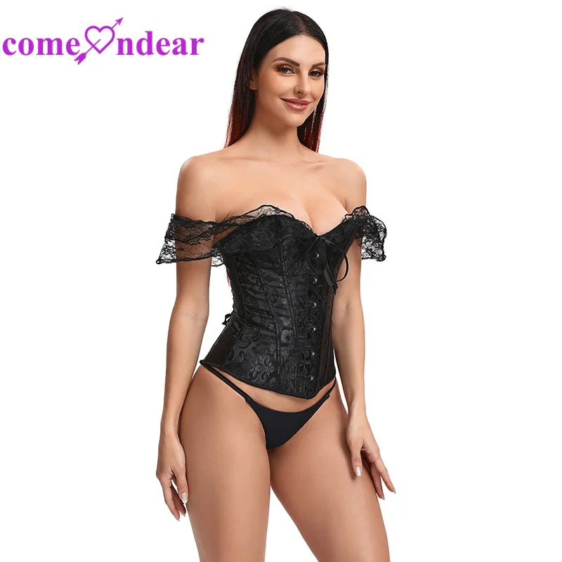 Ready Stock Shapers Black off Shoulder 12 Steel Bones Lace Corset With Panties For Women
