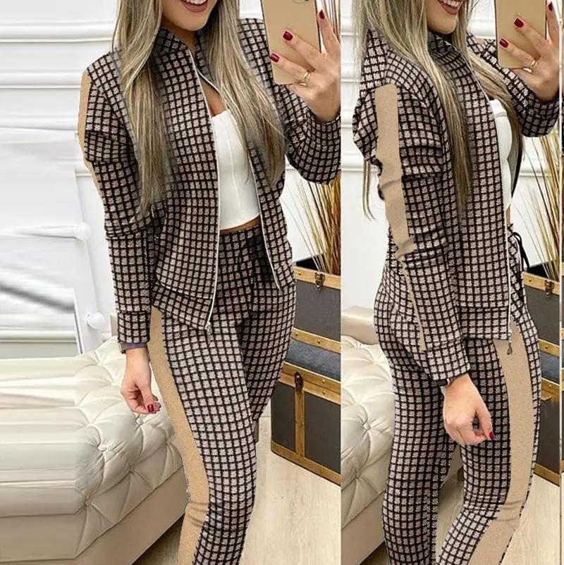 New Grey Patchwork Plaid Casual Set  2-piece Set of Upright Neck Zippered Cardigan Jacket and Drawstring Leggings