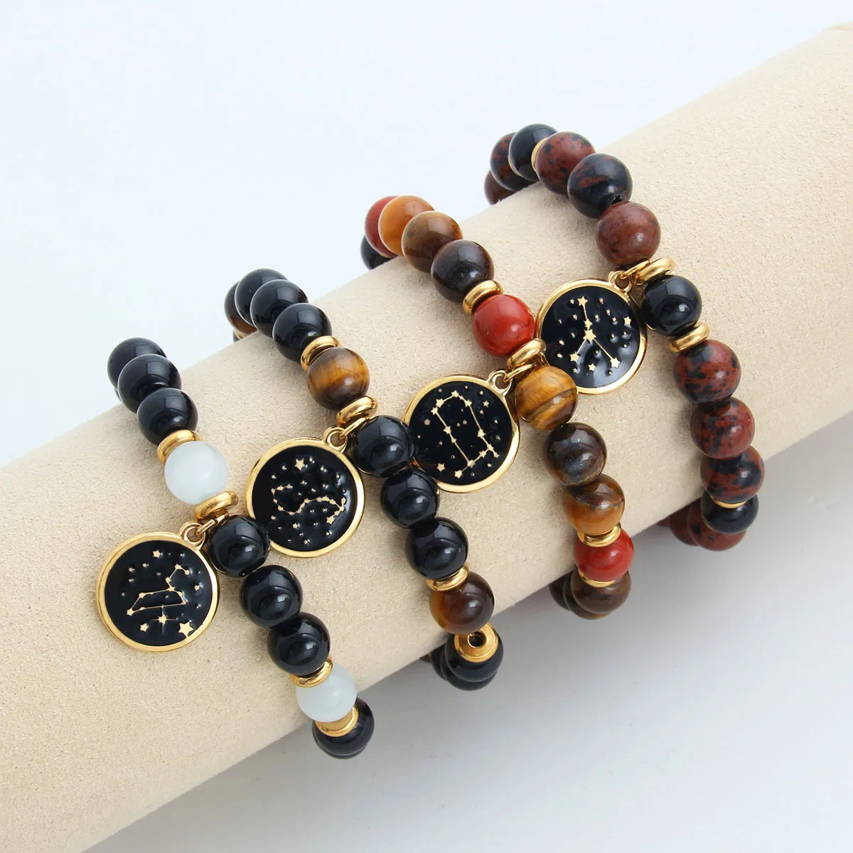 Bestone 8MM Tiger Eye Natural Stone Crystal Bracelet Healing Gemstone Picture Jasper 12 Zodiac Signs Bracelet for Women mens