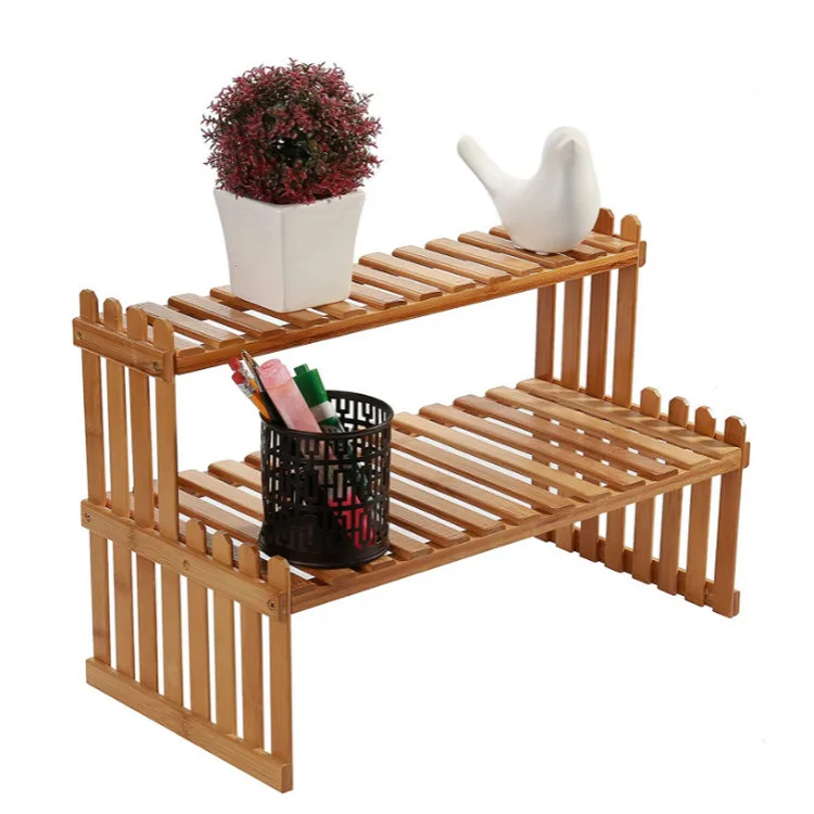 Kitchen Countertop 2-Tier Spice Rack Wood Desktop Bookshelf Rack Flower Pot Plant Display Stand Shelf