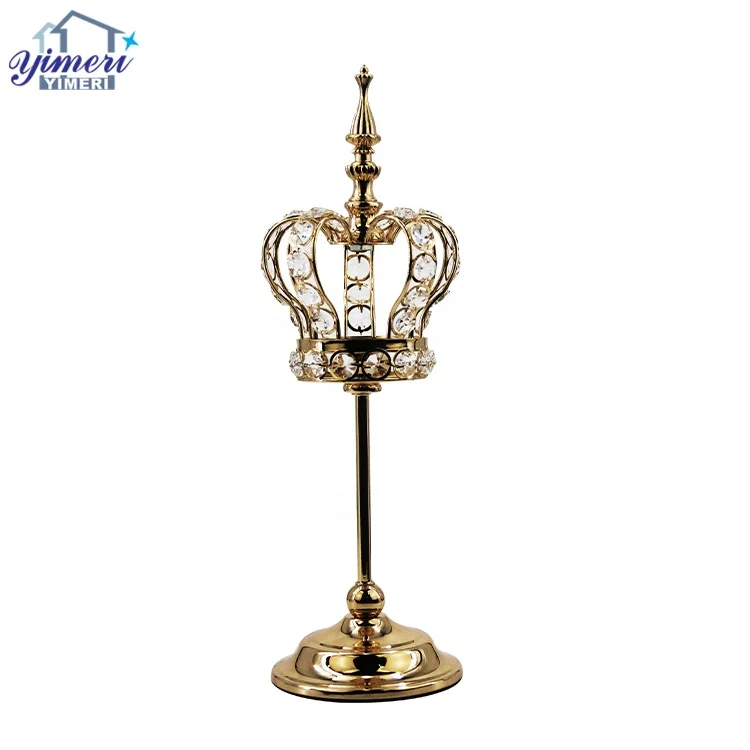 Custom 5 Size Unique Gold Metal Crown Crystal Candle Holder For Wedding Favors