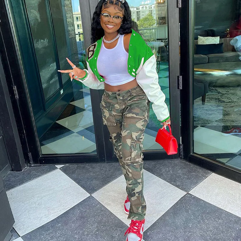 Autumn Fashion Elegant Sportswear Colorblock Single Breasted Aviator Ladies Letterman Baseball Jacket