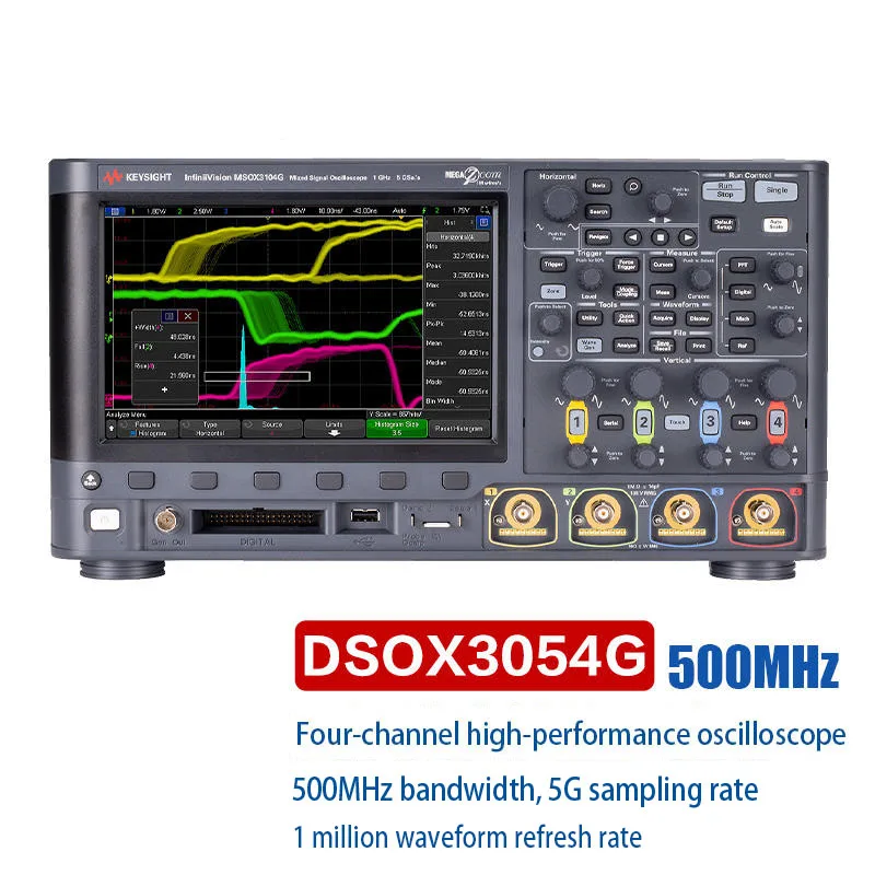 Keysight DSOX3054G oscilloscope: bandwidth of 500 MHz, 4 analog channels, 4 Mpts memory