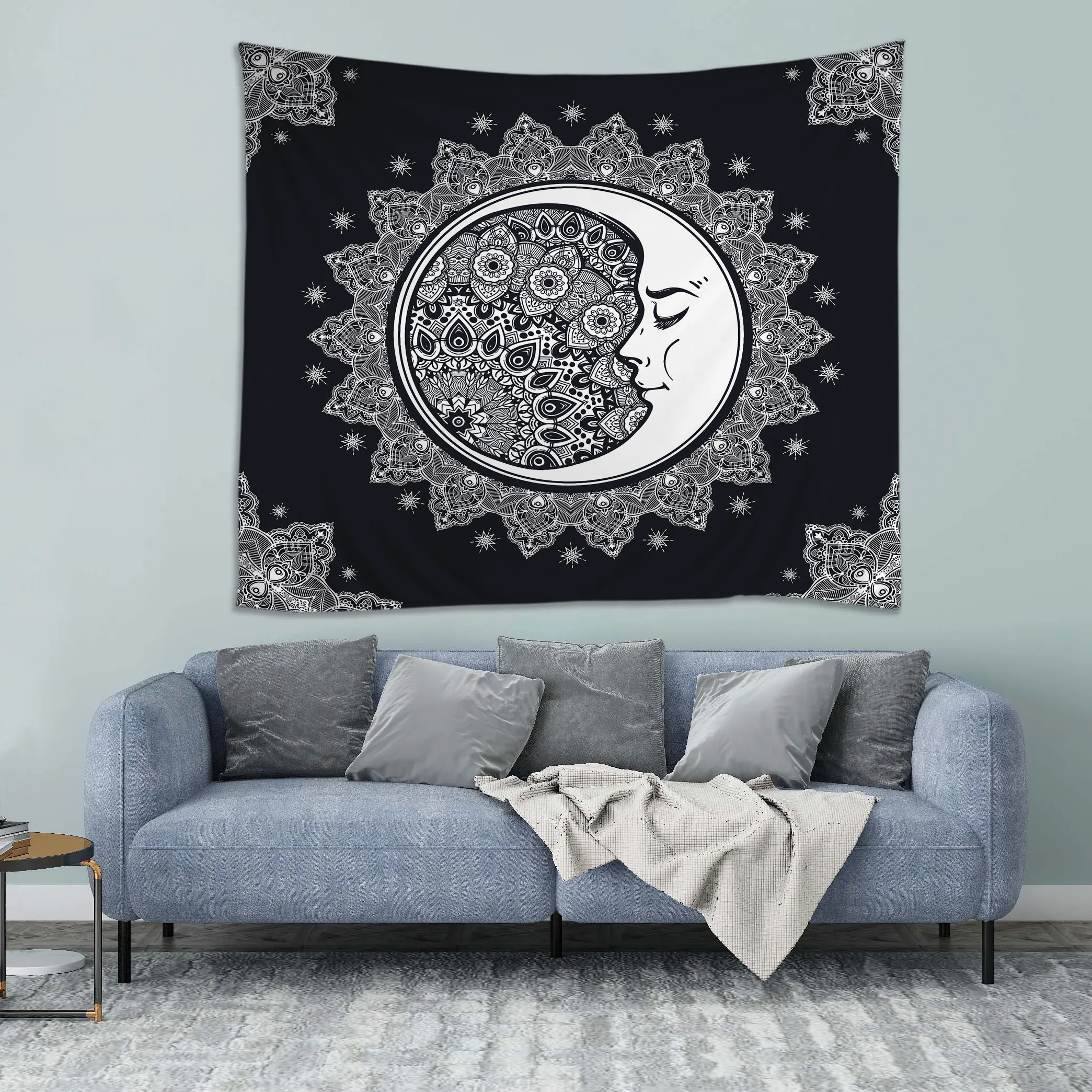 
Sun and Moon Tapestry Burning Sun with Star Tapestry Black and White Mystic Tapestry Wall Hangings 