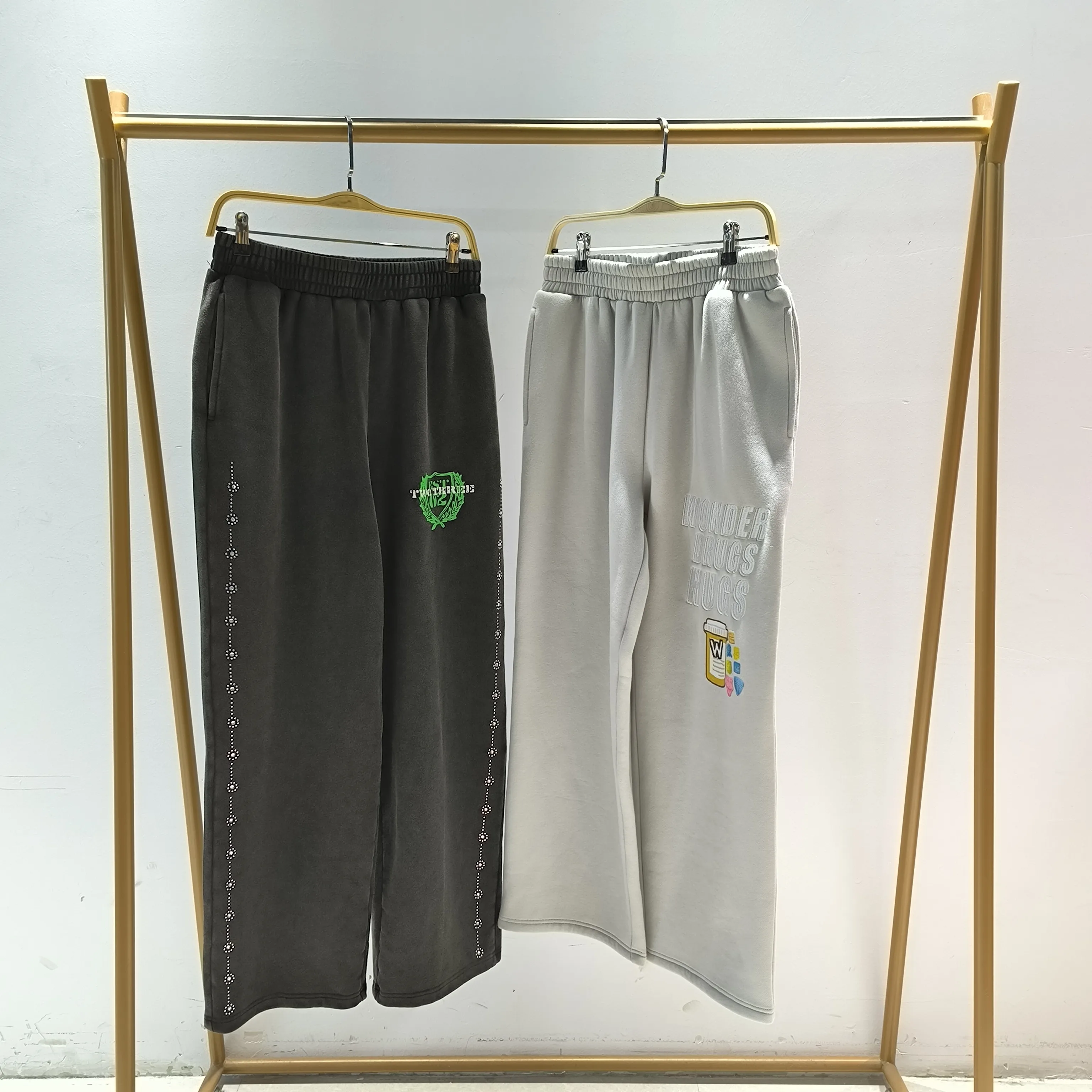 PT877 Grey Baggy Style Acid Washed Sweatpants Oversized Rhinestone Pants Loose Wide Leg Open Jogger Straight Pants