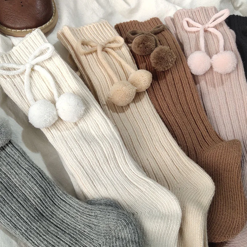 LRT New Design Wholesale European Knit Cotton Baby Knee High Socks Custom Cute Winter Pompon Ribbed Kids Long Socks