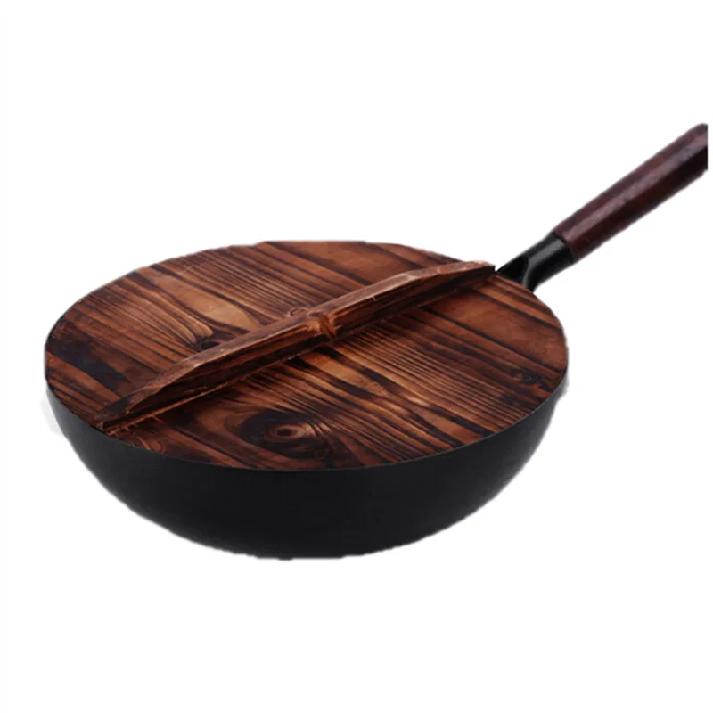 Full Seasoned without coating Carbon Steel Wok Pan Traditional Chinese Woks with wooden handle