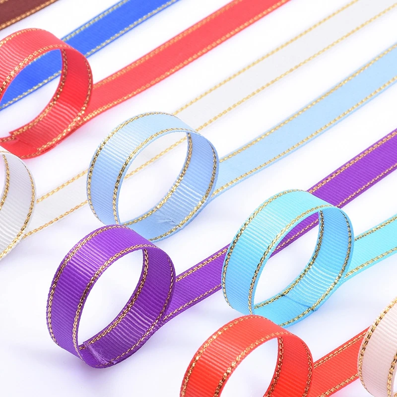 Custom Color 1cm Width Gold Border Riband Cake Box Packing Lace-up Gold Ribbon Chiffon Wire Edge Ribbon
