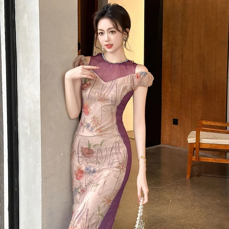 ZYHT 10707 Light Purple Off Shoulder Patchwork Floral Printed Short Sleeve Woman Dresses Elegant Street Summer Dress