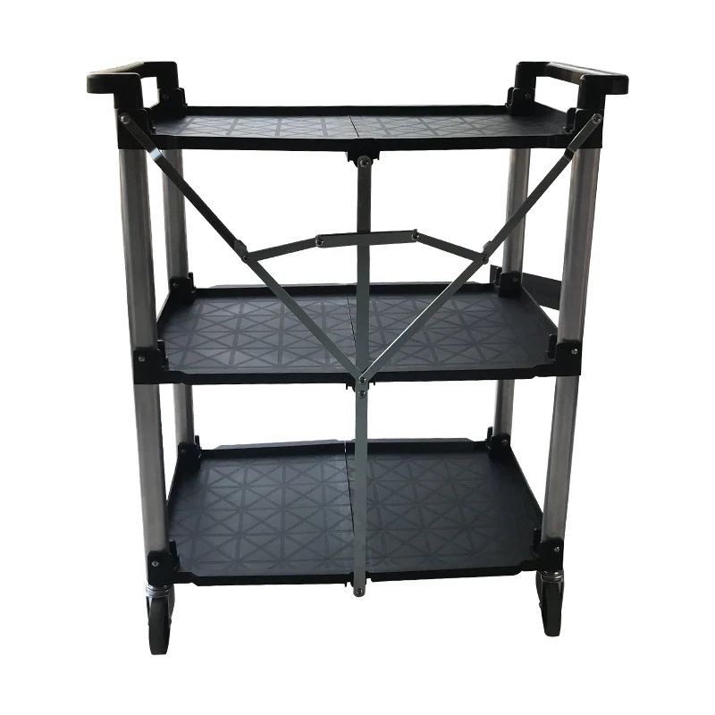 Foldable Food Service  Trolley 3 Layers  Plastic Catering Serving Cart
