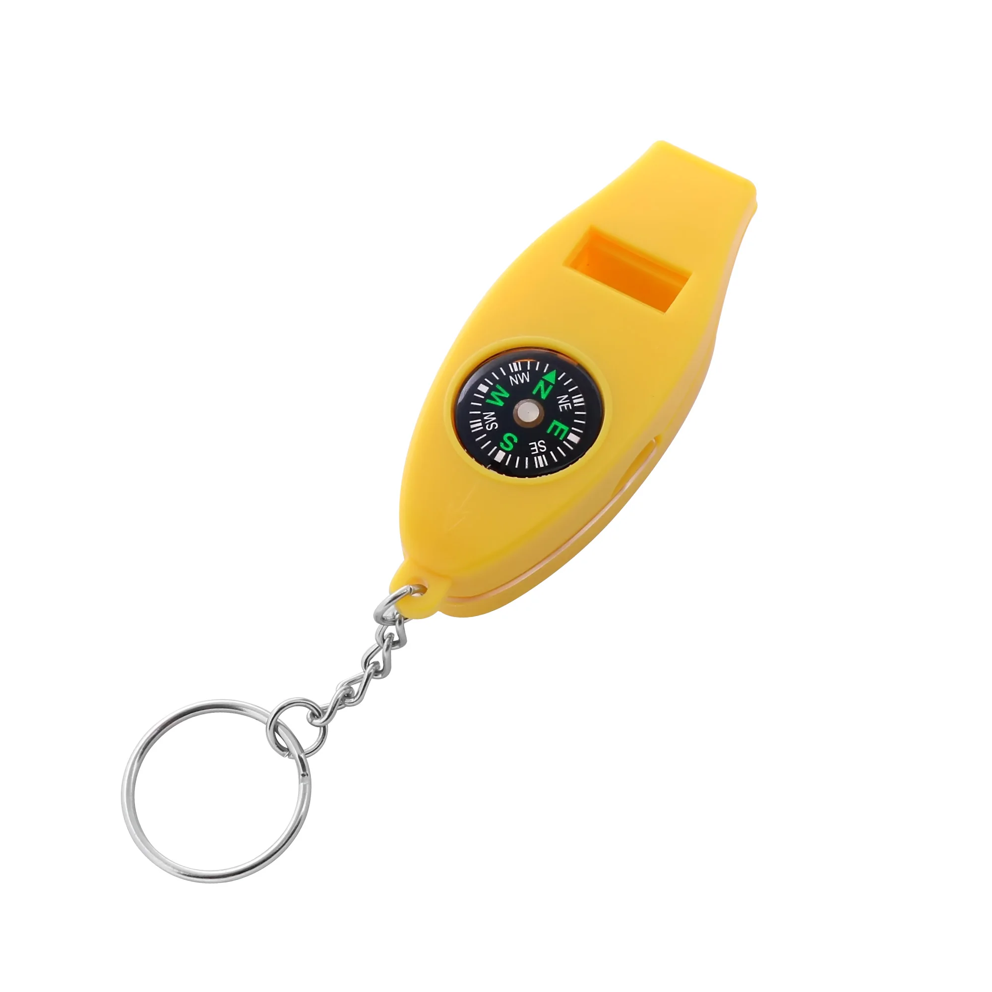 Custom Logo 4-in-1 Multifunction Compass Key Chain Yellow Whistle Magnifying Glass Thermometer Camping Hiking Plastic Pointer