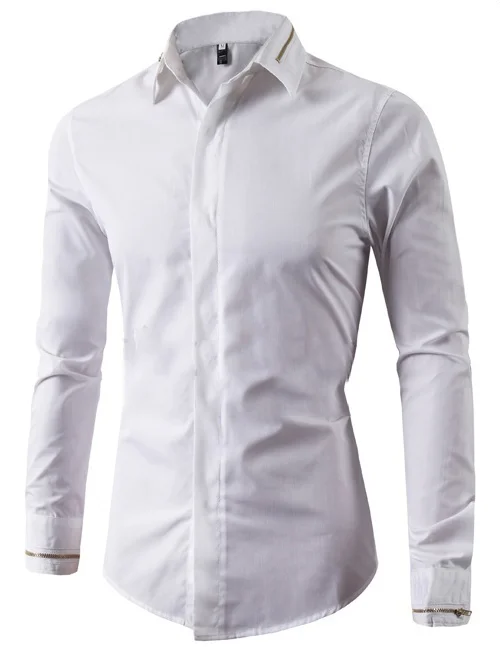 
Fashion trend new zipper decoration pure white black handsome long-sleeved mens shirts 