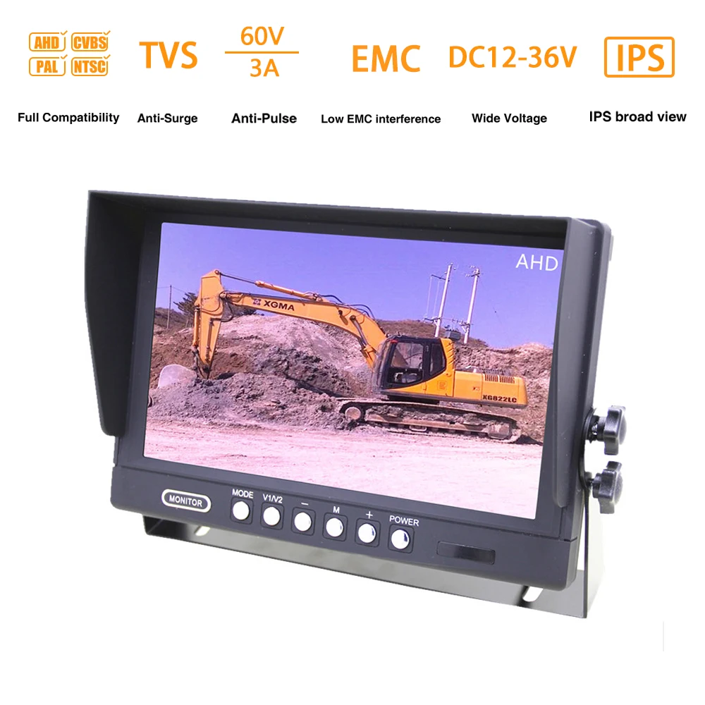 PJAUTO 9 Inch 720P AHD Heavy Duty 3 Channels High Compatibility of AHD CVBS NTSC PAL Backup Reversing Bus Truck Monitor
