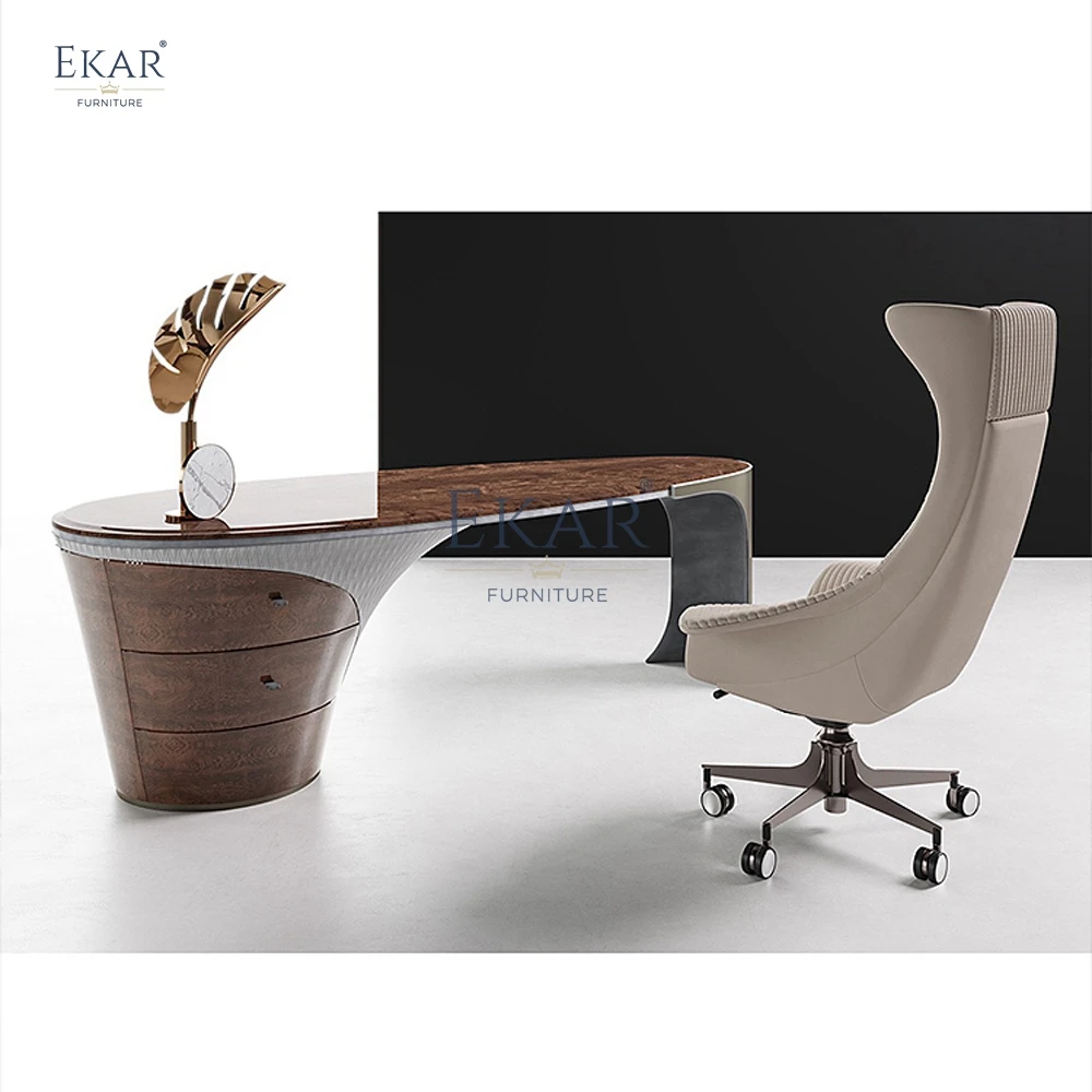 Modern Swivel Office Chair Champagne Gold Reclining Adjustable Headrest Massage Brushed Metal Legs Home Made Wood Fabric Iron