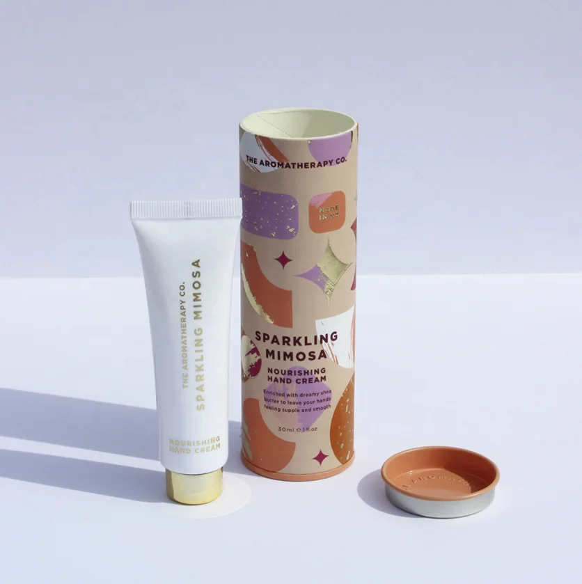 wholesale manufacturer cosmetic nozzle bottle tin can paper tube embossed metal lid round shape paper box