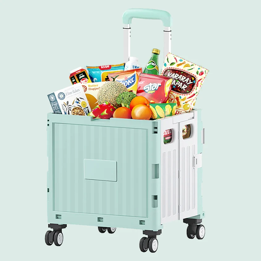 Grocery Collapsible Portable Plastic Boxes Supermarket Folding Steel Trolley Foldable Grocery Storage Shopping Cart 4 Wheels