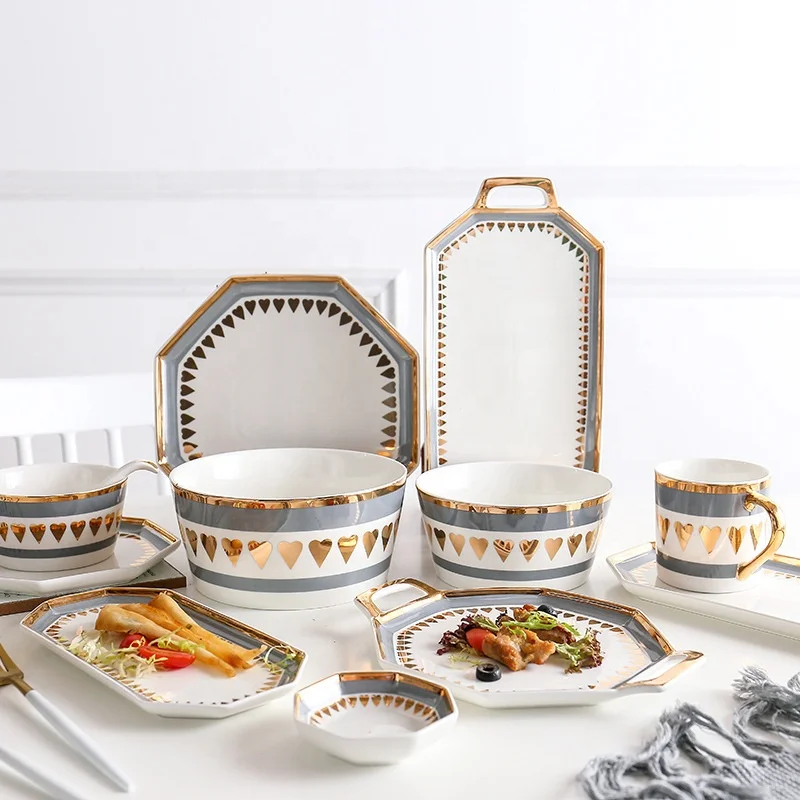 Wholesale Oem Welcome Gold Heart Pattern Octagon Plate Dinner Set Luxury Fashion Wedding Party Dinnerware Plates And Bowls