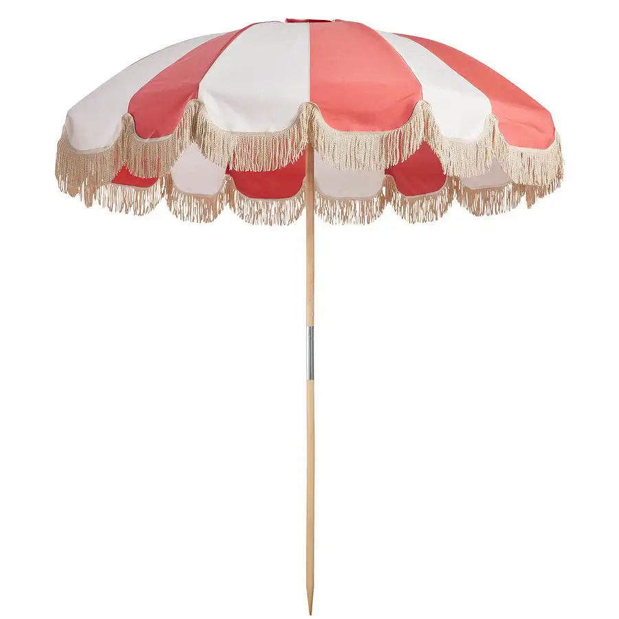 2023 New Design Luxury, Wooden Pole Windproof Outdoor Sun Parasols Custom cotton Navy Striped Fringe Beach Tassels Umbrellas/