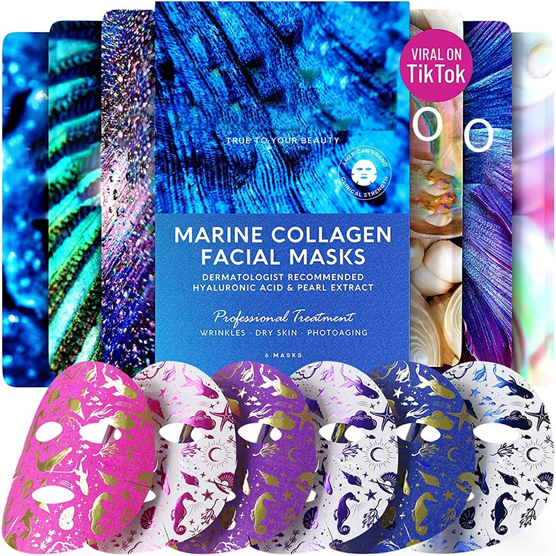 Private Label Facial Masks with Marine Collagen Hyaluronic Acid Sheet Moisturizing Masks for Face All Skin Types