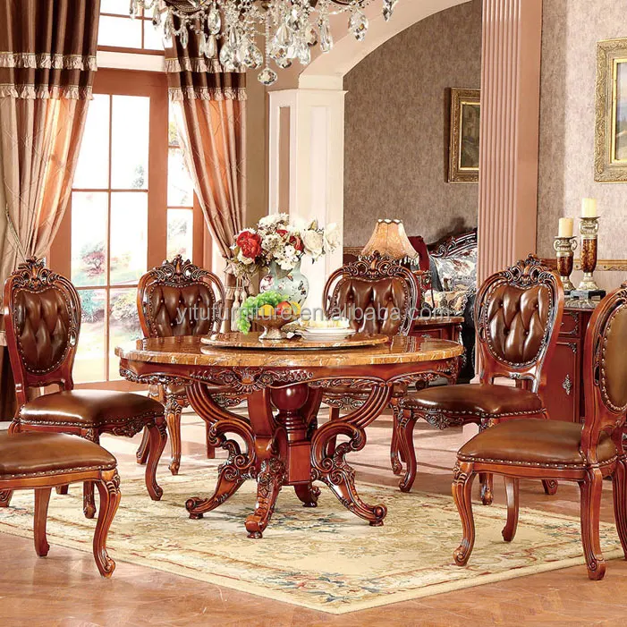 European dining room furniture set classic dinner tables antique luxury chair marble top solid wood carved round dining table