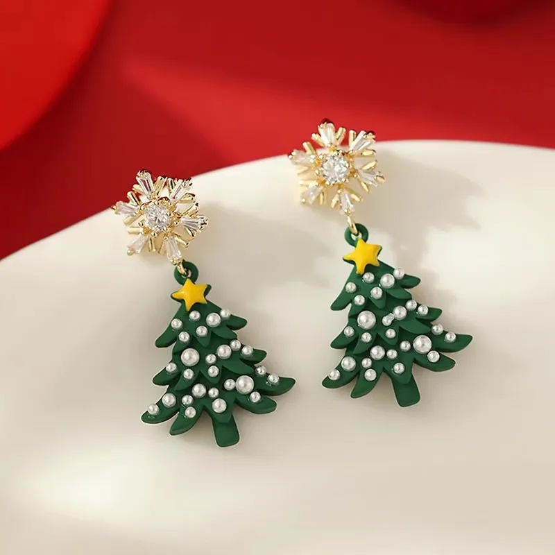 YW Silver Needle Snowflake Christmas Tree Pearl Tassel Earrings Wholesale Women Earrings 2024