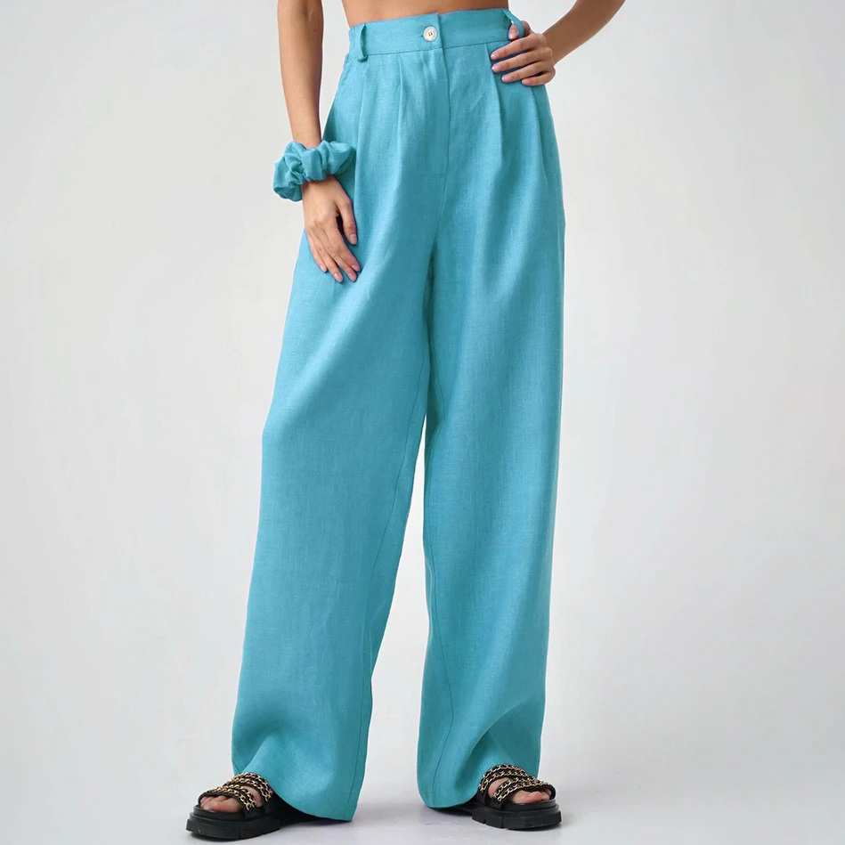 OOTN 2023 Autumn New Thin Cotton And Linen Jackets+wide Leg Pants 2 Piece Set  Women Elegant  Single Breasted Blazer Suit