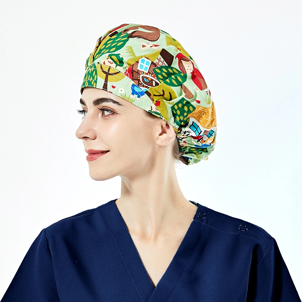 100% Cotton Unisex Absorb Sweat Caps Hospital Uniform Printed Scrub Nurse Hat Pet Nursing Scrubs Bonnets Surgical Cap