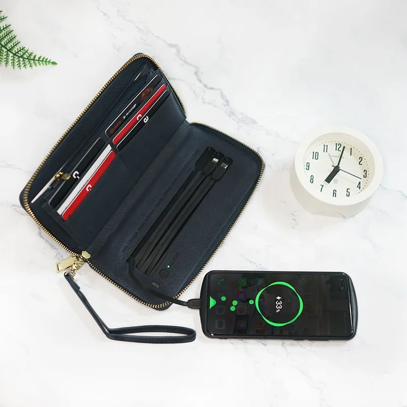 PU Leather Zipper Wallet with Wireless Power Bank Charger Close Zip Powerbank Wallets